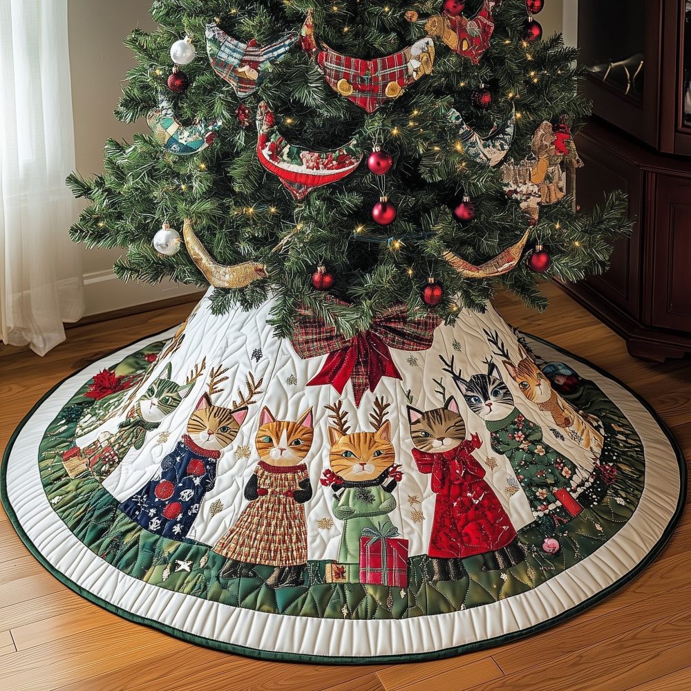 Cozy Cats In Holiday Sweaters On Cream Christmas Tree Skirt — Handmade Quilted Festive Design, Custom Sizing Available, Ships In 2–3 Weeks