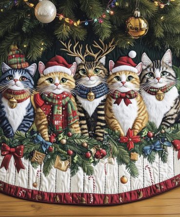 Cats In Scarves With Garland Christmas Tree Skirt — Custom Handmade Cozy Pet-Themed Holiday Tree Collar, Ideal Gift For Cat Fans