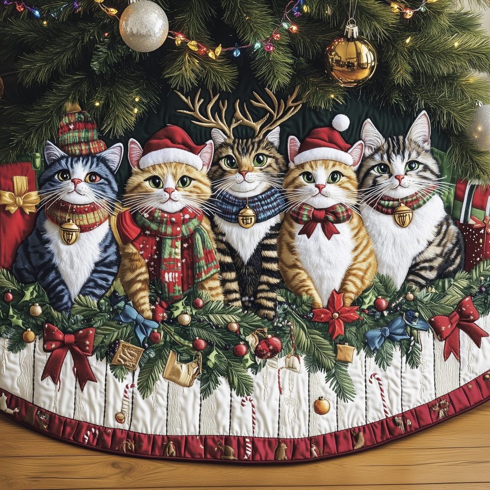 Cats In Scarves With Garland Christmas Tree Skirt — Custom Handmade Cozy Pet-Themed Holiday Tree Collar, Ideal Gift For Cat Fans