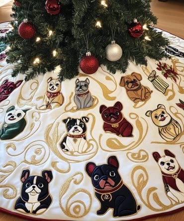Sophisticated French Bulldog Tree Skirt On Cream With Gold Swirls - Handmade, Custom Size, Luxury Holiday Decor For Dog Lovers