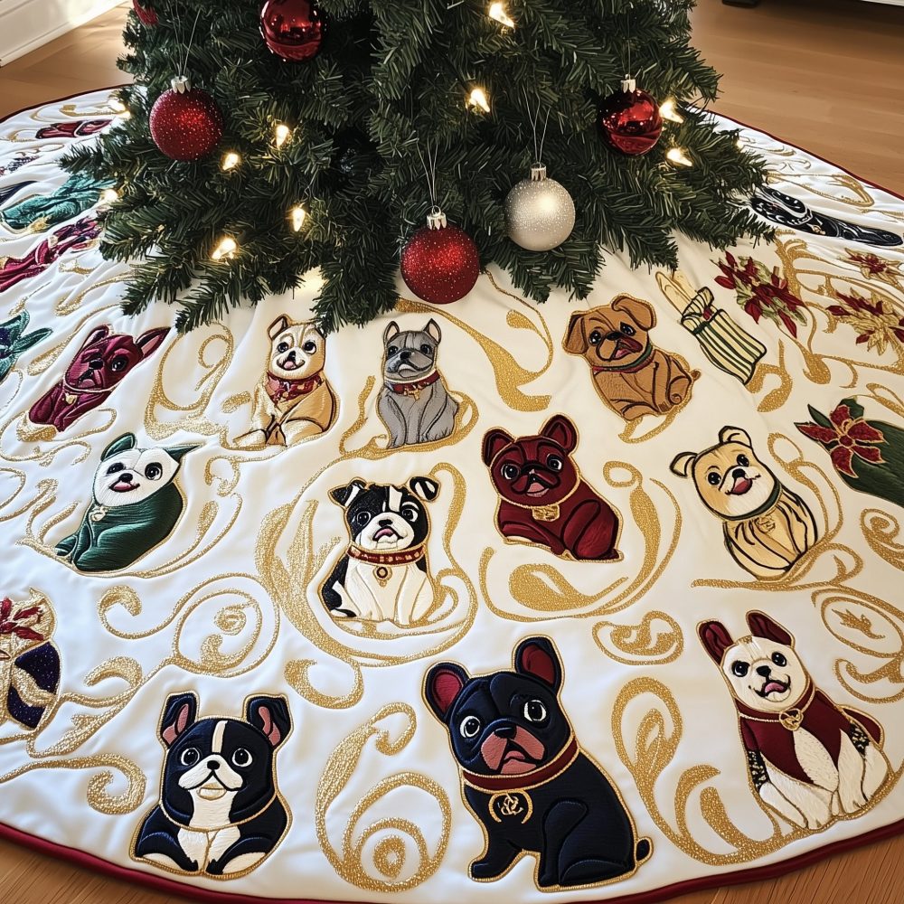 Sophisticated French Bulldog Tree Skirt On Cream With Gold Swirls - Handmade, Custom Size, Luxury Holiday Decor For Dog Lovers