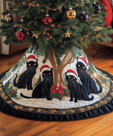 Black Holiday Cat Tree Skirt — Elegant Feline Silhouette On Velvet, Rich Black Finish, Custom Sizes, Perfect For Cat Lovers