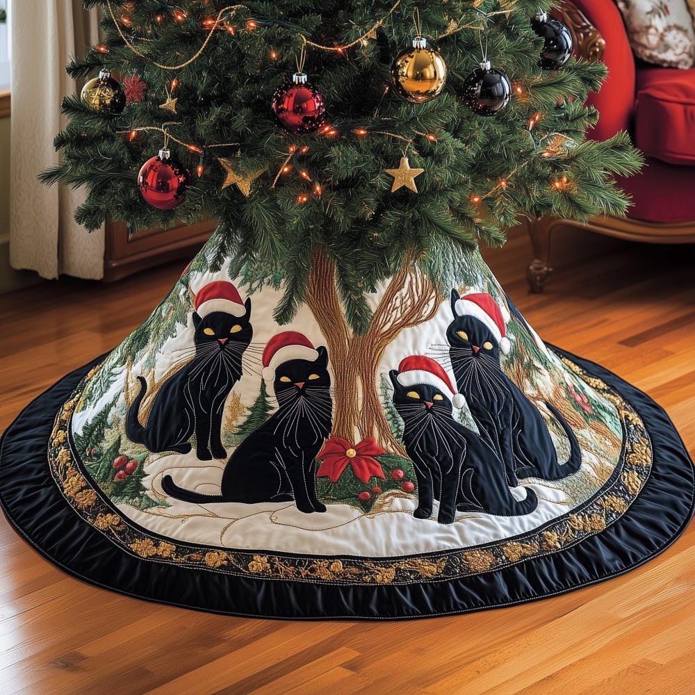 Black Holiday Cat Tree Skirt — Elegant Feline Silhouette On Velvet, Rich Black Finish, Custom Sizes, Perfect For Cat Lovers