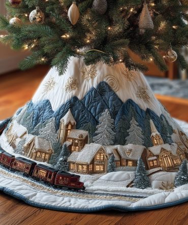 Snowy Mountain Village Train Christmas Tree Skirt — Handmade Custom Winter Holiday Tree Collar, Soft Premium Materials