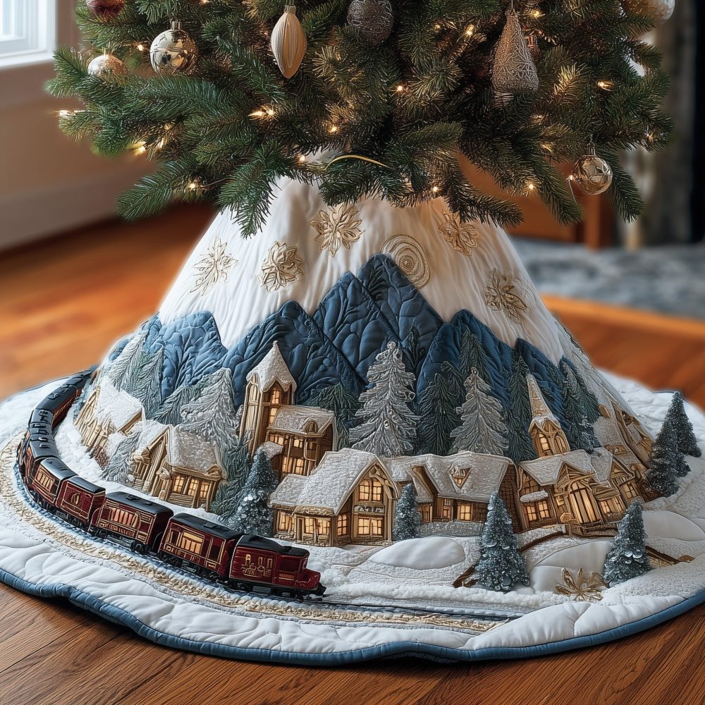 Snowy Mountain Village Train Christmas Tree Skirt — Handmade Custom Winter Holiday Tree Collar, Soft Premium Materials