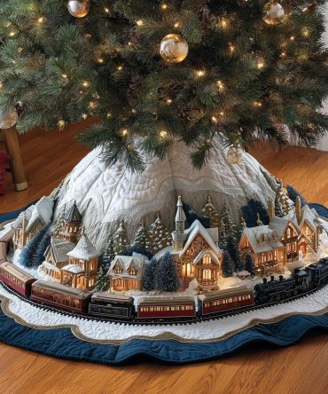 Village Church & Passing Train Christmas Tree Skirt — Custom Handmade Holiday Tree Collar, Elegant Religious-Themed Décor