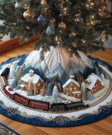 Blue Mountain Village & Train Christmas Tree Skirt — Custom Scenic Holiday Tree Collar, Handmade Cozy Home Decoration