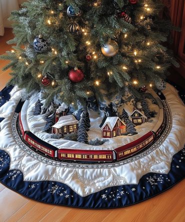 Snowy Village Train Circle Christmas Tree Skirt — Custom Handmade Winter Holiday Tree Collar, Charming Festive Decoration
