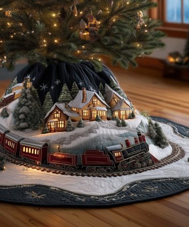 Night Village Red Train Christmas Tree Skirt — Custom Handmade Midnight Holiday Tree Collar, Vibrant Festive Home Accent