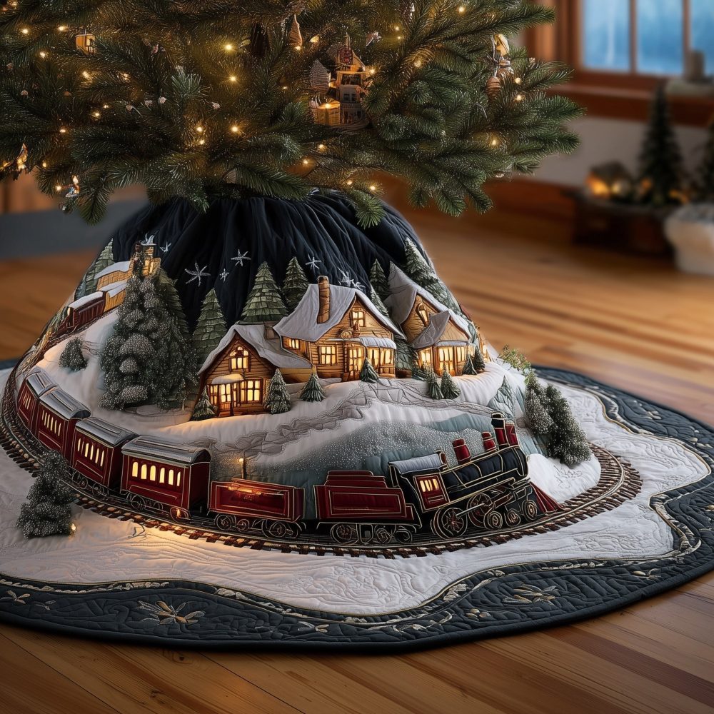 Night Village Red Train Christmas Tree Skirt — Custom Handmade Midnight Holiday Tree Collar, Vibrant Festive Home Accent
