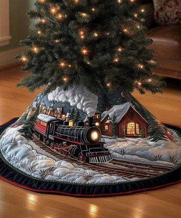 Mountain Cabin Steam Train Christmas Tree Skirt — Handcrafted Custom Holiday Tree Collar, Cozy Cabin-Themed Décor