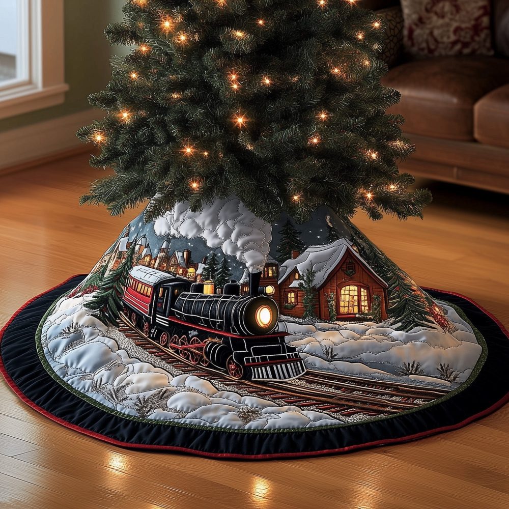 Mountain Cabin Steam Train Christmas Tree Skirt — Handcrafted Custom Holiday Tree Collar, Cozy Cabin-Themed Décor