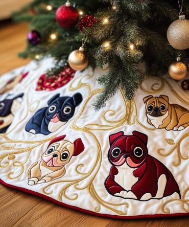 Cute Pugs & French Bulldogs Wearing Red Scarves Tree Skirt - Custom Handmade Holiday Décor, Made-To-Order, Ideal Gift