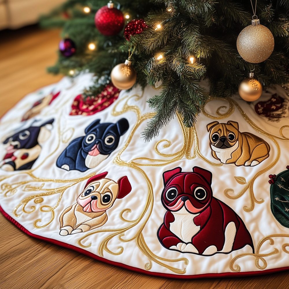Cute Pugs & French Bulldogs Wearing Red Scarves Tree Skirt - Custom Handmade Holiday Décor, Made-To-Order, Ideal Gift
