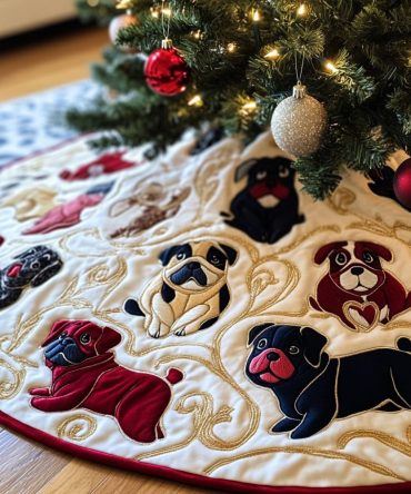 Black & Fawn Pug Christmas Tree Skirt On Cream Background - Handmade Custom Decor, Made-To-Order, Perfect Holiday Gift