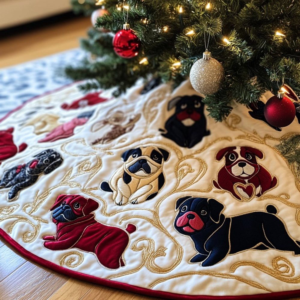 Black & Fawn Pug Christmas Tree Skirt On Cream Background - Handmade Custom Decor, Made-To-Order, Perfect Holiday Gift
