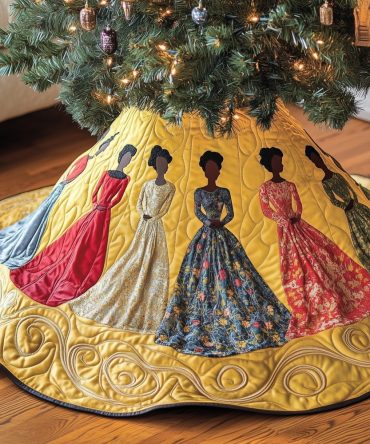 Luxury Handmade Christmas Tree Skirt With Elegant Women-In-Gowns Motif And Gold Trim - Custom Made-To-Order Holiday Decor
