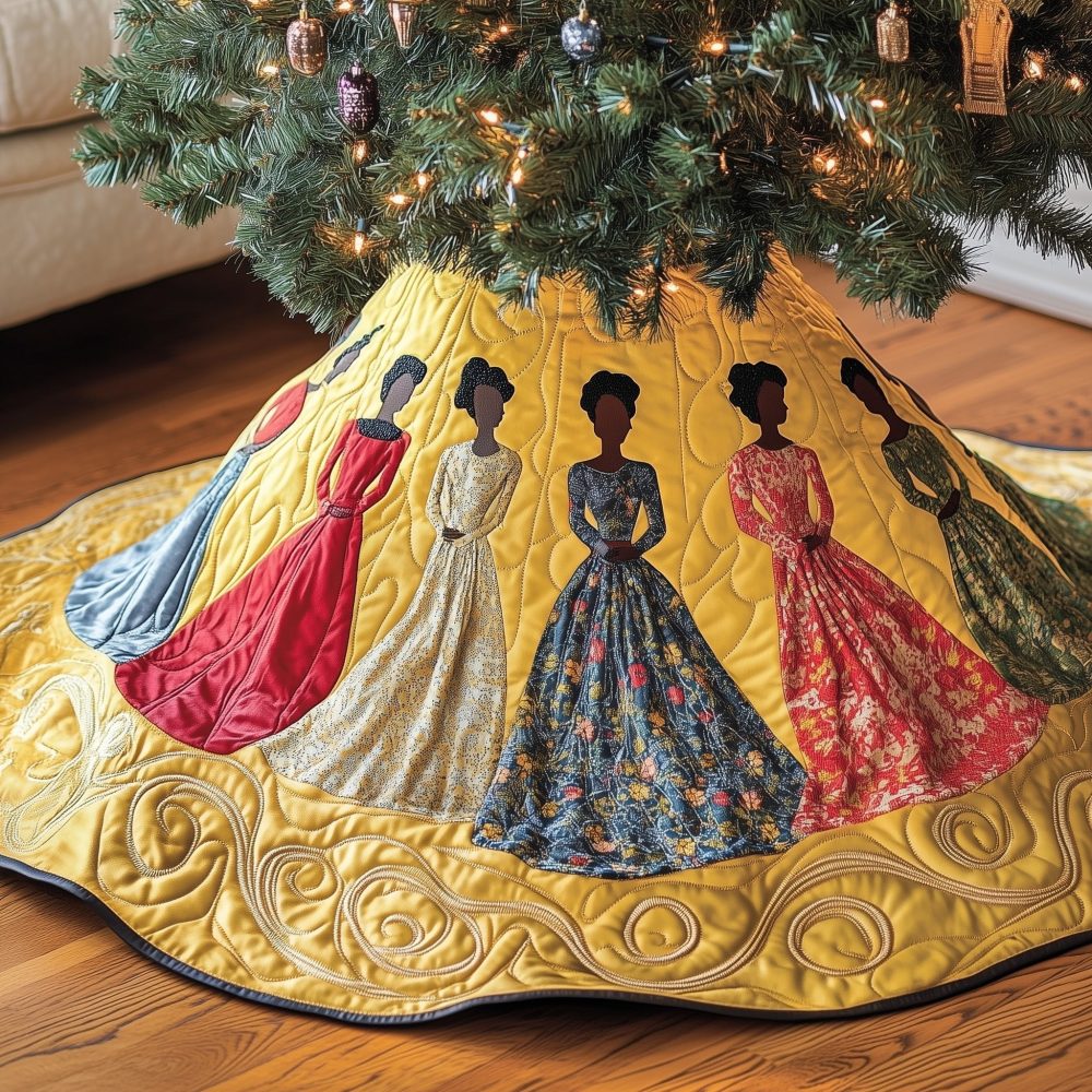 Luxury Handmade Christmas Tree Skirt With Elegant Women-In-Gowns Motif And Gold Trim - Custom Made-To-Order Holiday Decor