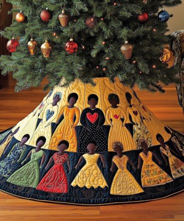 Custom Christmas Tree Skirt Featuring Women-In-Dresses And Heart Motifs - Handmade, Made-To-Order Holiday Accent