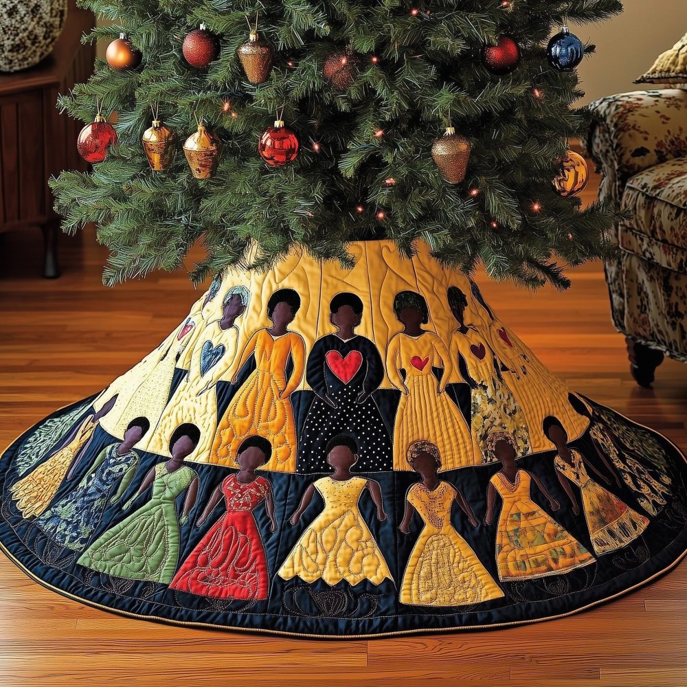 Custom Christmas Tree Skirt Featuring Women-In-Dresses And Heart Motifs - Handmade, Made-To-Order Holiday Accent