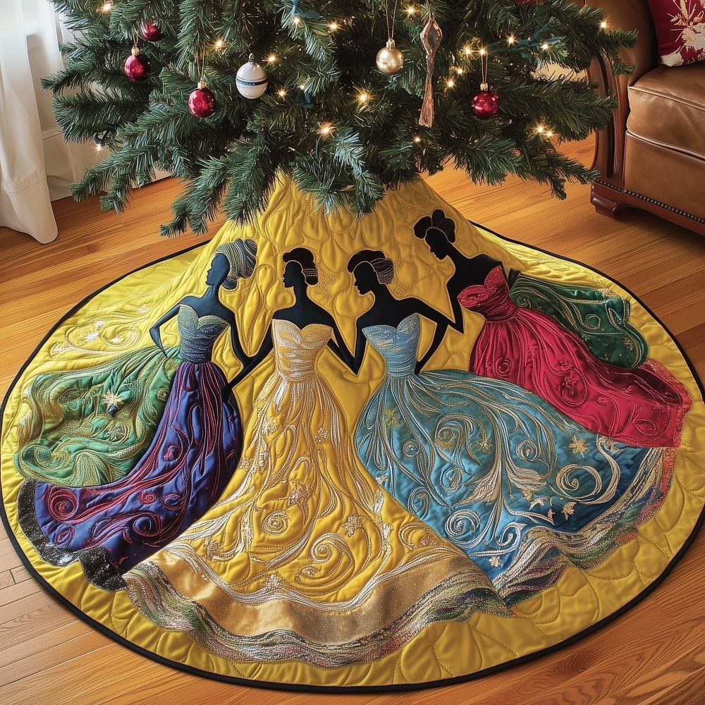 Swirled Flowing Gowns Christmas Tree Skirt — Artistic Handmade Holiday Skirt With Dynamic Pattern, Personalize Size & Trim