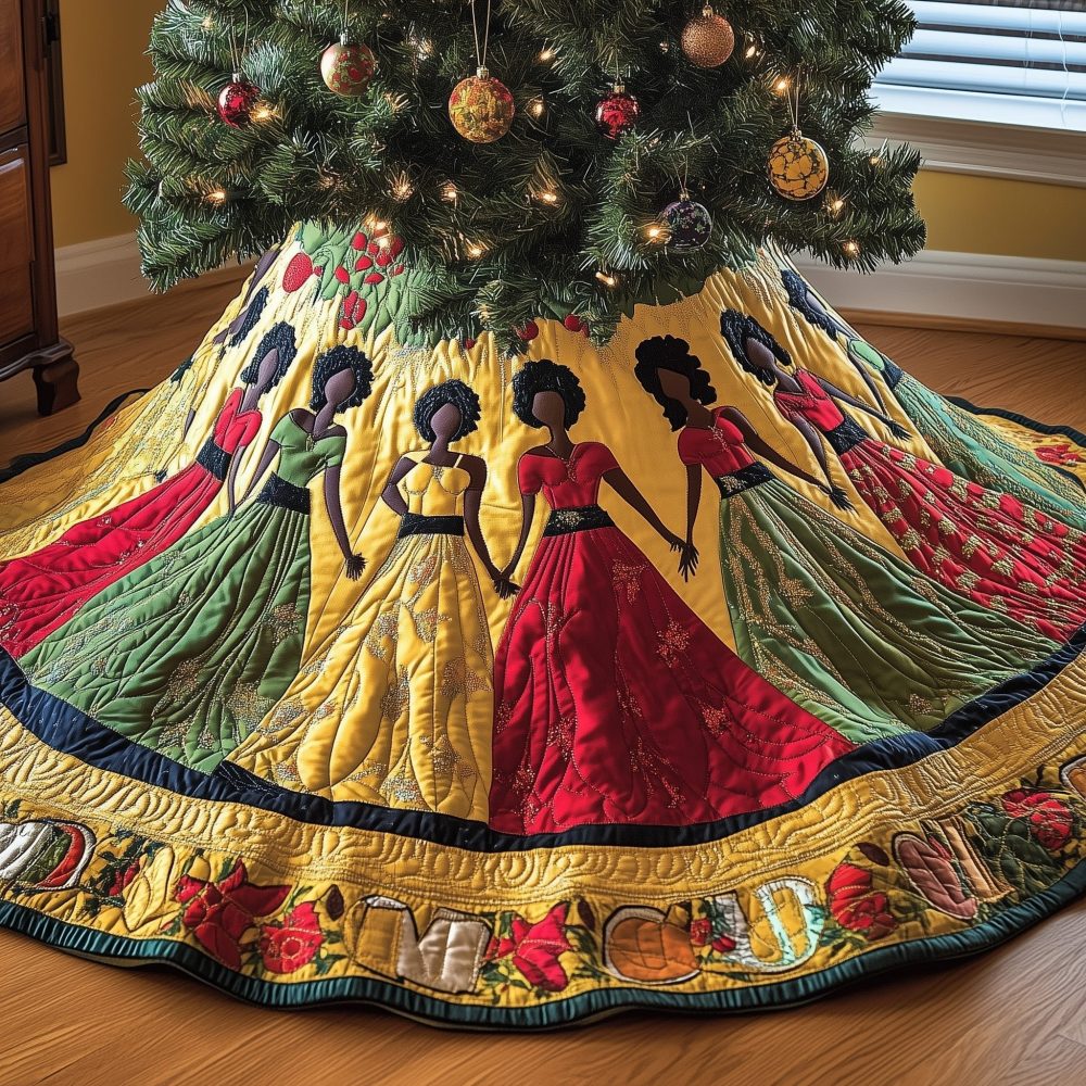 Green & Red Gowns Christmas Tree Skirt — Festive Handmade Holiday Skirt With Classic Christmas Colors, Custom Size Options