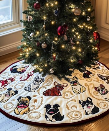 Custom Cream Holiday Tree Skirt With Group Pug & Bulldog Portraits - Handmade, Made-To-Order, Cozy Christmas Floor Cover