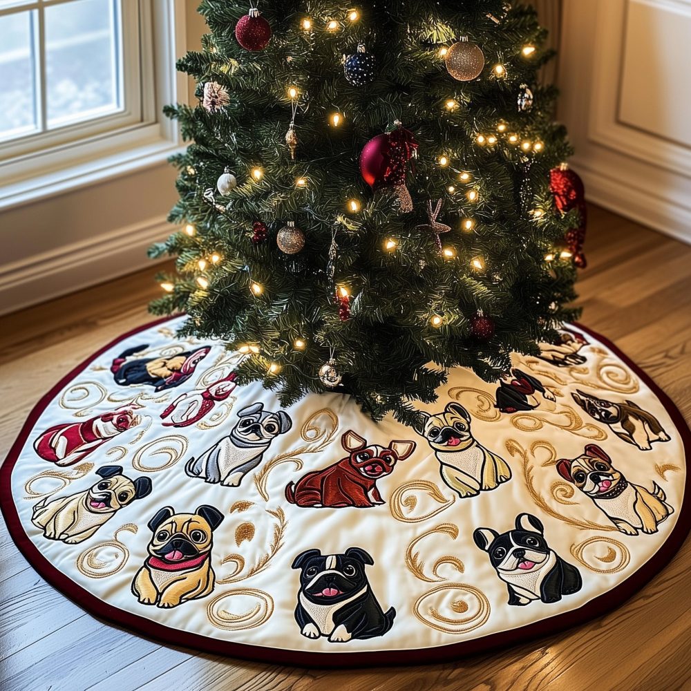 Custom Cream Holiday Tree Skirt With Group Pug & Bulldog Portraits - Handmade, Made-To-Order, Cozy Christmas Floor Cover