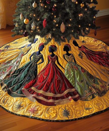 Vibrant Red Gowns On Yellow Christmas Tree Skirt — Bold Handmade Holiday Skirt, Custom Size, Perfect For Colorful Décor