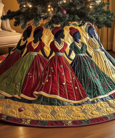 Red & Gold Gowns Christmas Tree Skirt — Regal Handmade Holiday Skirt With Luxurious Red And Gold Motifs, Customizable Sizes