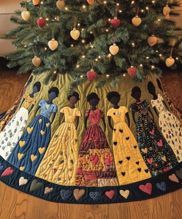 Gold-Patterned Gowns Christmas Tree Skirt — Luxurious Handmade Holiday Skirt With Golden Motif, Custom Size & Fabric Choices