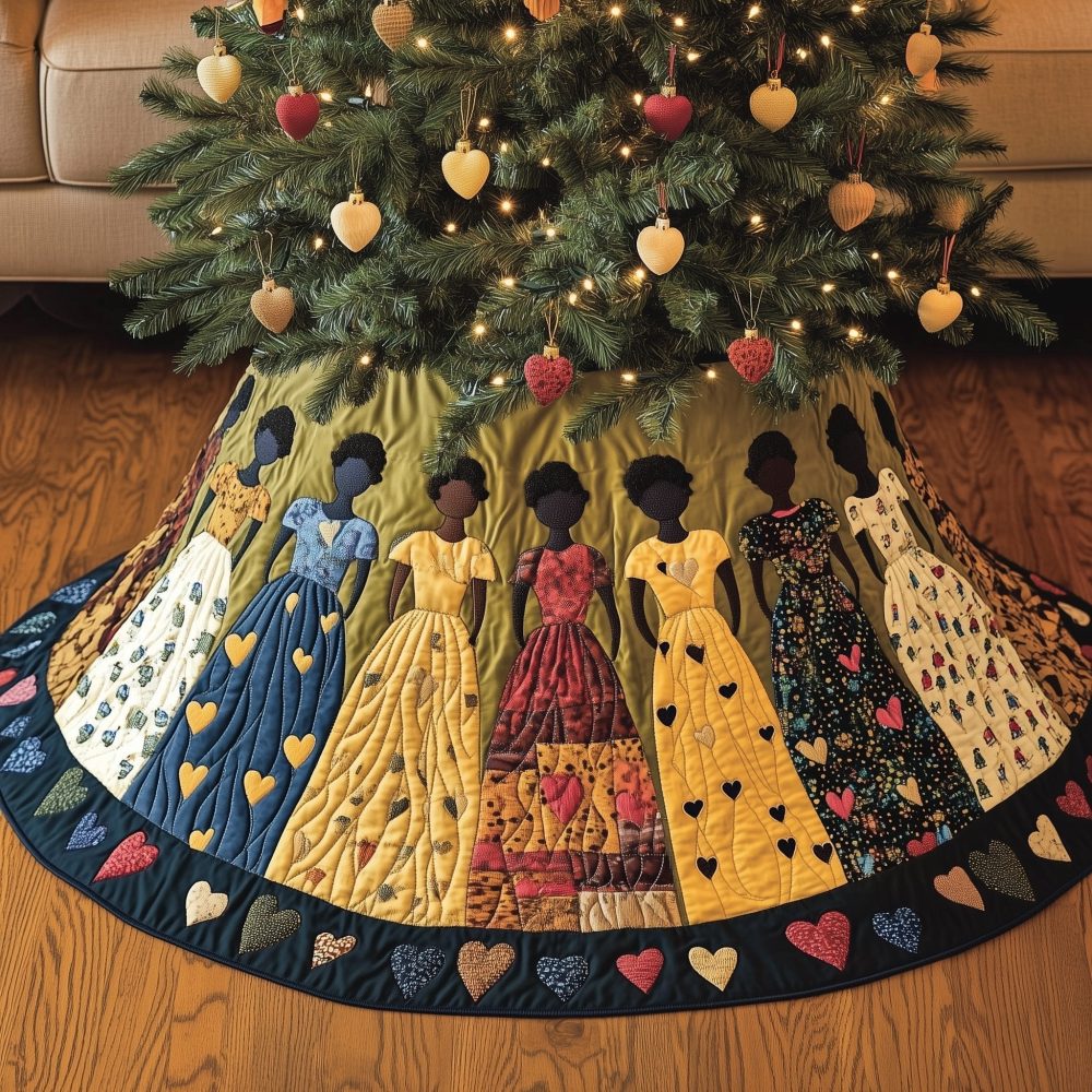 Gold-Patterned Gowns Christmas Tree Skirt — Luxurious Handmade Holiday Skirt With Golden Motif, Custom Size & Fabric Choices