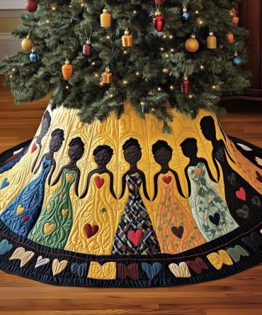 Romantic Women-In-Gowns Christmas Tree Skirt With Heart Border — Handcrafted Elegant Holiday Skirt For Weddings & Gifts