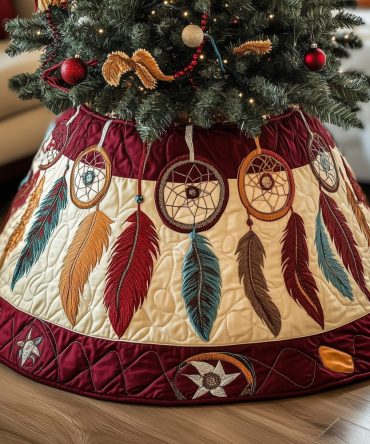 Burgundy Border Dreamcatcher Christmas Tree Skirt — Rich Wine-Tone Handmade Holiday Skirt, Personalized & Custom Size Options