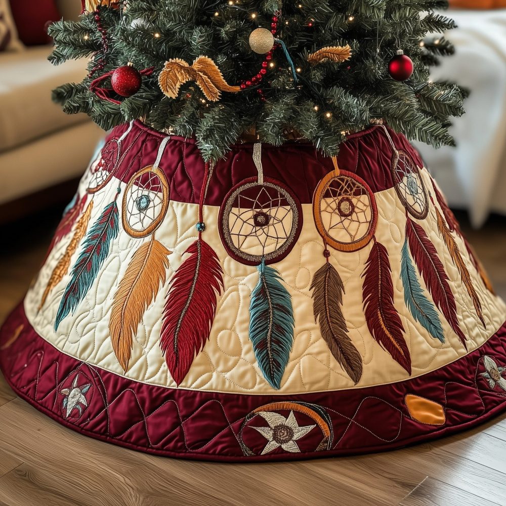 Burgundy Border Dreamcatcher Christmas Tree Skirt — Rich Wine-Tone Handmade Holiday Skirt, Personalized & Custom Size Options
