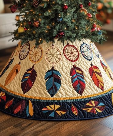 Navy Diamond Border Dreamcatcher Christmas Tree Skirt — Elegant Handmade Holiday Tree Skirt, Custom Sizes & Gift-Ready Packaging