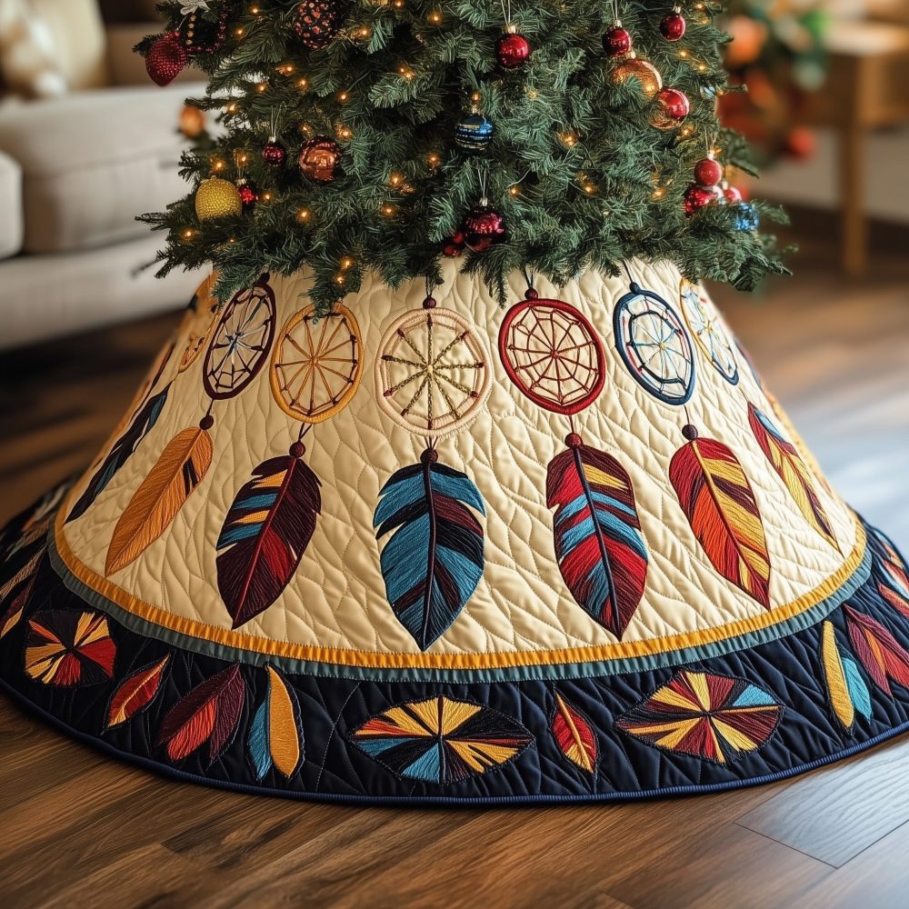 Navy Diamond Border Dreamcatcher Christmas Tree Skirt — Elegant Handmade Holiday Tree Skirt, Custom Sizes & Gift-Ready Packaging