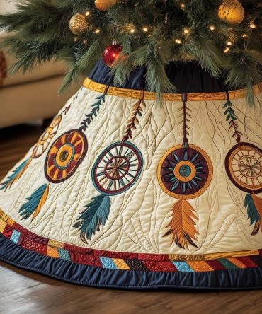 Amber-Feather Dreamcatcher Christmas Tree Skirt On Neutral Background — Handcrafted Boho Holiday Skirt, Custom Sizing Available