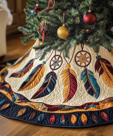 Leaf-Border Dreamcatcher Christmas Tree Skirt — Handmade Nature-Inspired Holiday Skirt With Custom Sizing & Fabric Options