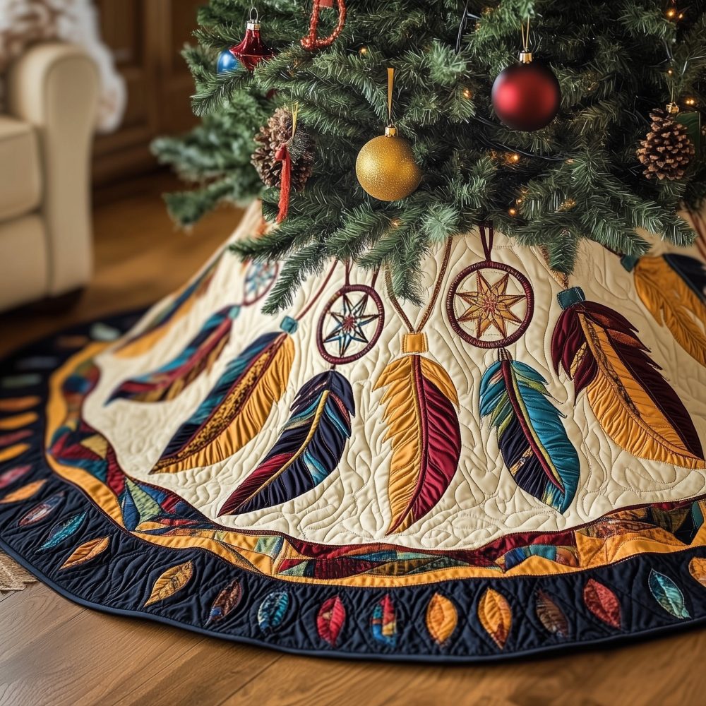Leaf-Border Dreamcatcher Christmas Tree Skirt — Handmade Nature-Inspired Holiday Skirt With Custom Sizing & Fabric Options