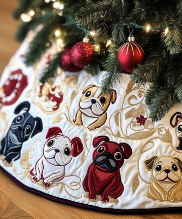 Holiday Tree Skirt Featuring Bulldogs & Pugs With Festive Red Accents - Custom, Handmade Christmas Décor For Pet Lovers