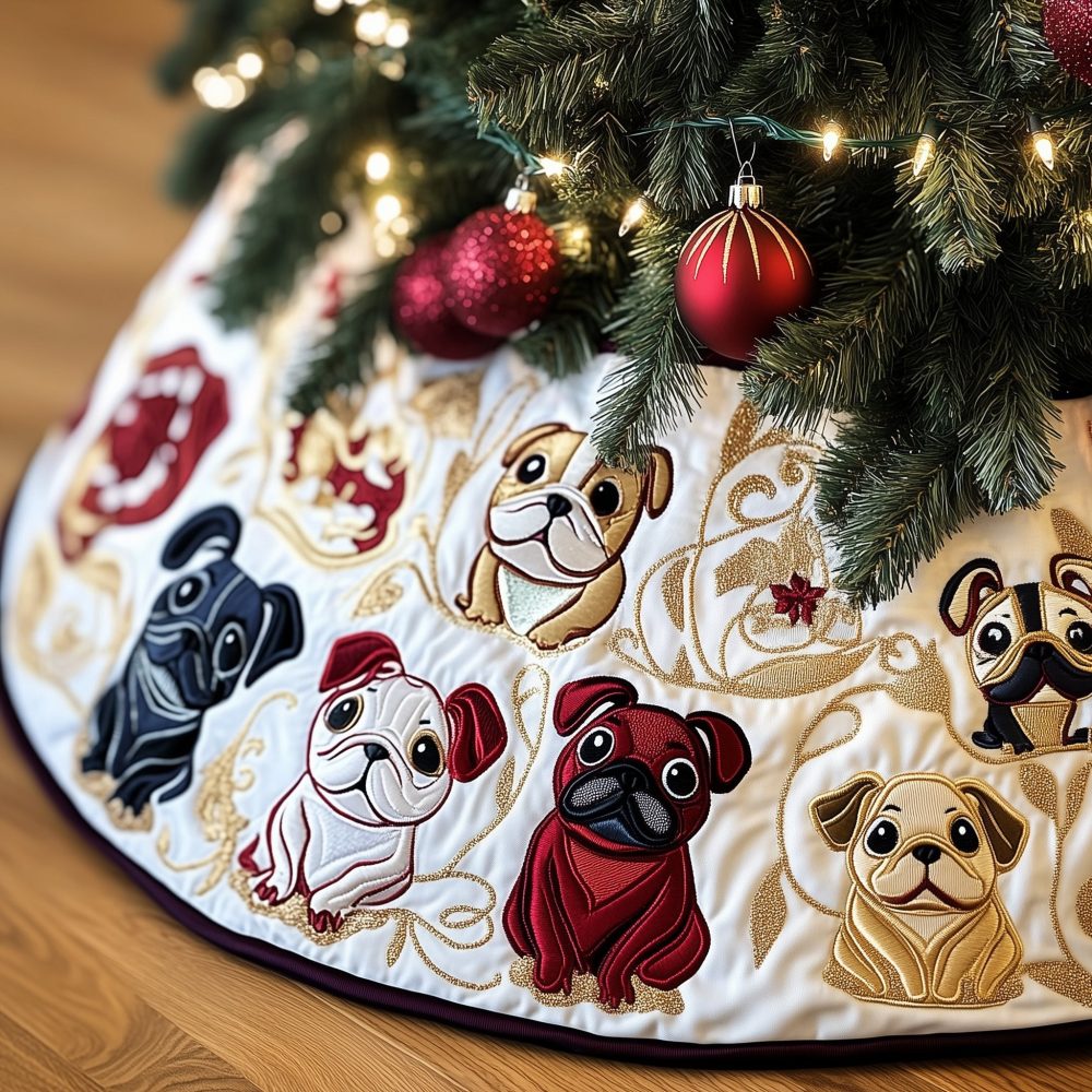 Holiday Tree Skirt Featuring Bulldogs & Pugs With Festive Red Accents - Custom, Handmade Christmas Décor For Pet Lovers