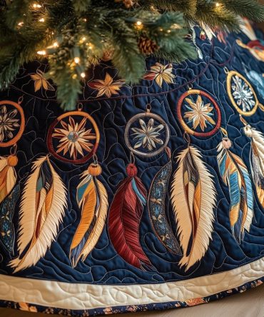 Warm-Feather Navy Dreamcatcher Christmas Tree Skirt — Custom Handmade Boho Holiday Tree Skirt, Choose Size & Trim