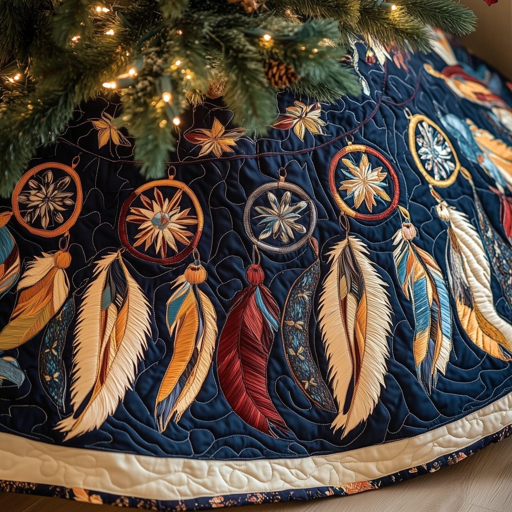 Warm-Feather Navy Dreamcatcher Christmas Tree Skirt — Custom Handmade Boho Holiday Tree Skirt, Choose Size & Trim