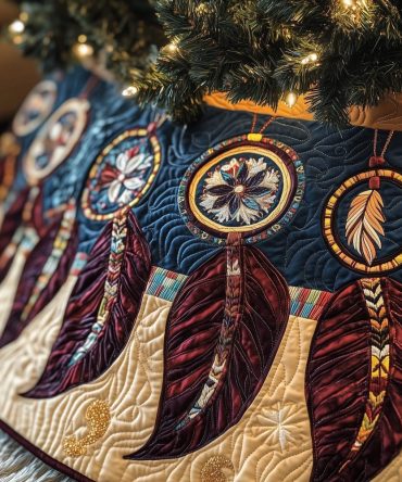 Navy Dreamcatcher Christmas Tree Skirt With Red Feather Accents — Custom Handmade Holiday Tree Skirt, Personalized Size Options