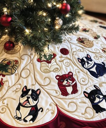 Elegant French Bulldog Christmas Tree Skirt With Gold Medallion Motifs - Custom Handmade, Luxury Holiday Decoration, Made-To-Order