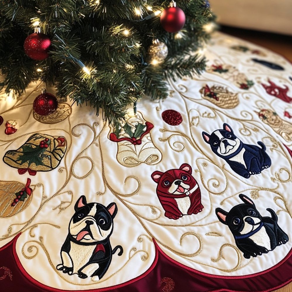 Elegant French Bulldog Christmas Tree Skirt With Gold Medallion Motifs - Custom Handmade, Luxury Holiday Decoration, Made-To-Order