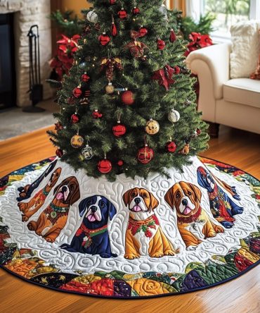 Boxer Puppy Tree Skirt With Red Trim — Handmade Quilted Christmas Skirt, Cute Pet-Themed Holiday Decor, Custom And Made To Order