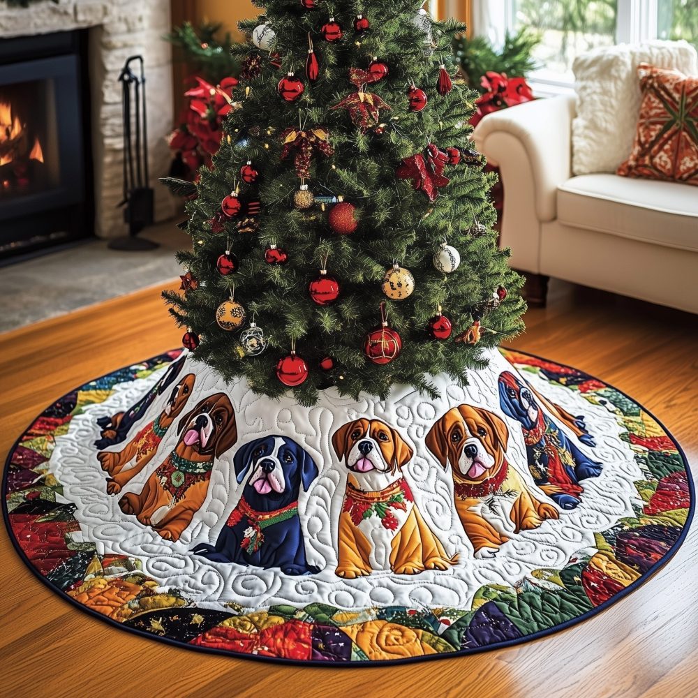 Boxer Puppy Tree Skirt With Red Trim — Handmade Quilted Christmas Skirt, Cute Pet-Themed Holiday Decor, Custom And Made To Order