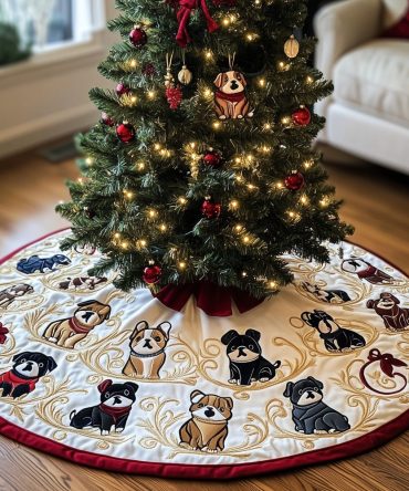 Classic Cream & Red Holiday Tree Skirt With Bulldog Motifs - Made-To-Order, Premium Fabric, Perfect Christmas Centerpiece